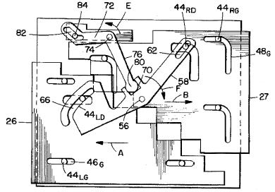 ↑バタフライ鍵盤の裏のカム機構(cited from "Keyboard with translating sections", John P. Karidis et al., US Patent 5,543,787.)