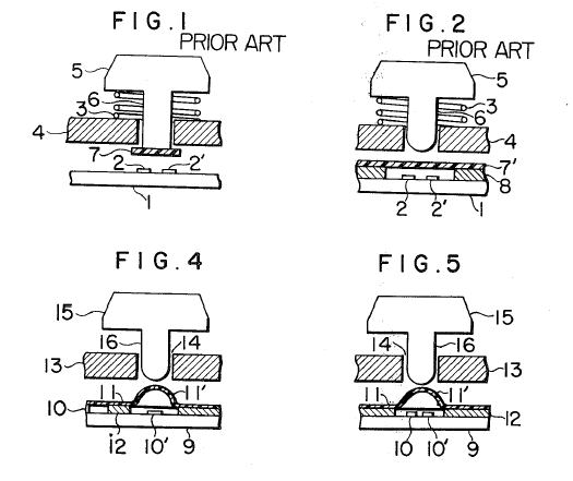 A push button switch with an elastic conductive sheet, cited from US Patent, 3,987,259.